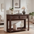 thumbnail image 1 of Farmhouse 46" Console Table with 2 Drawers, Rustic Wood 2 Tier Entryway Table with Open Storage Shelf, Vintage Sofa Tables for Living Room, Walnut, 1 of 9