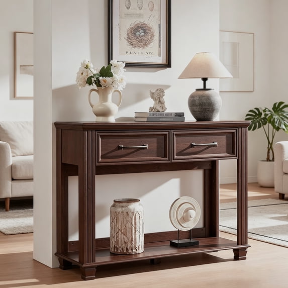 Farmhouse 46" Console Table with 2 Drawers, Rustic Wood 2 Tier Entryway Table with Open Storage Shelf, Vintage Sofa Tables for Living Room, Walnut