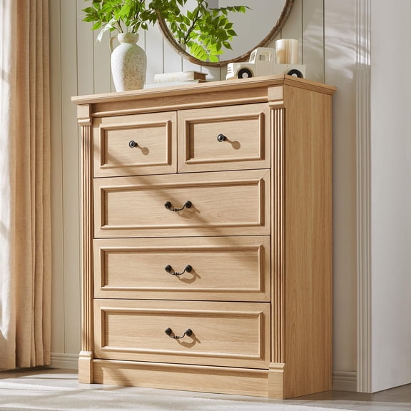 Farmhouse 46" Tall 5-Drawer Dresser Chest, Large Wood Rustic Storage Organizer w/Roman Column Design and Anti-Toppling Device for Adult Bedroom, Hallway, Living Room