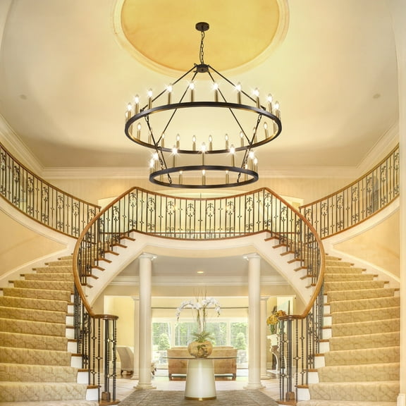 Farmhouse 47'' 2 Layer 36-Light Large Black Gold Wagon Wheel Chandelier for Porch,Entryway,Living Room