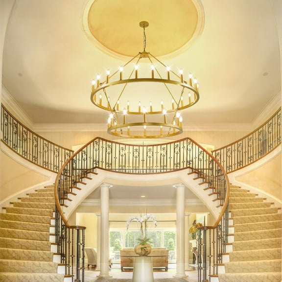 Farmhouse 47'' 2 Layer 36-Light Large Gold Wagon Wheel Chandelier for Porch,Living Room,High Ceiling