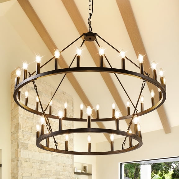 Farmhouse 47'' 2 Layer 36-Light Large Wagon Wheel Chandelier for Porch, Entryway, Living Room, Black