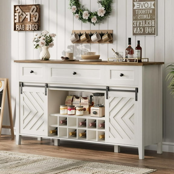 Farmhouse 47/59'' Buffet Cabinet with Sliding Barn Door, 33.4'' Tall Wood Rustic Sideboard with 3 Drawer, Adjustable Shelf and Removable Wine Rack for Dining Room, Kitchen, Living Room