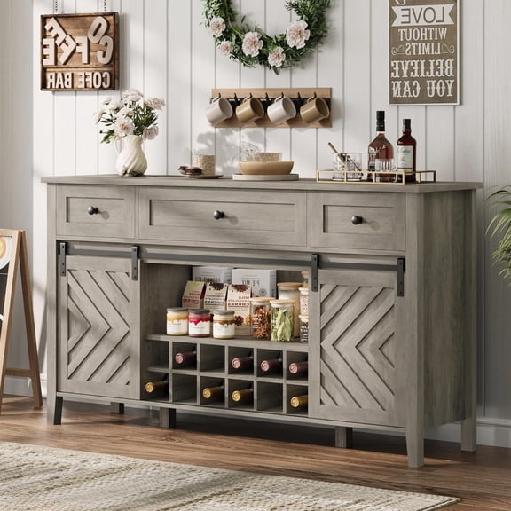 Farmhouse 47/59'' Buffet Cabinet with Sliding Barn Door, 33.4'' Tall Wood Rustic Sideboard with 3 Drawer, Adjustable Shelf and Removable Wine Rack for Dining Room, Kitchen, Living Room