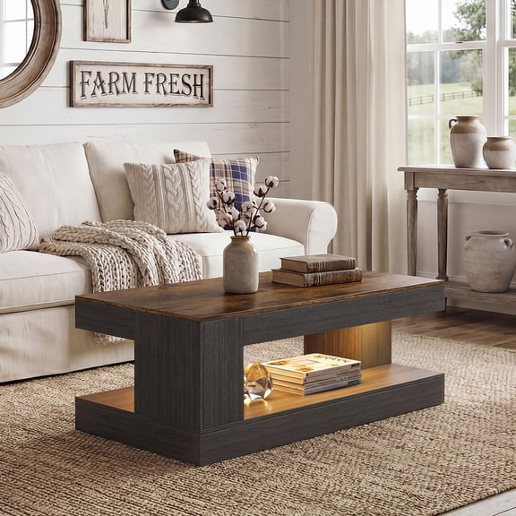 Farmhouse 47" Coffee Table with LED Lights, 2-Tier Wood Rustic Center Table with Storage Shelf for Living Room