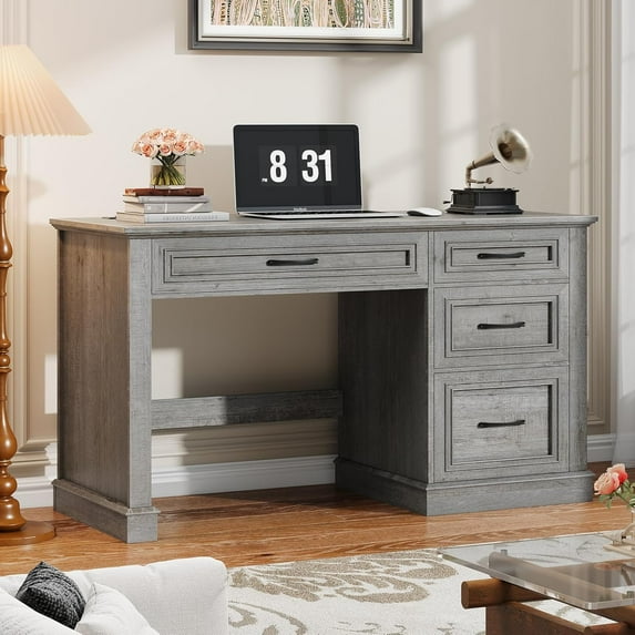 Farmhouse 47" Executive Desk, Computer Desk with Drawers and File Drawer, Workstation Computer Desk with Charging Station for Home Office, Study,Pure Black.