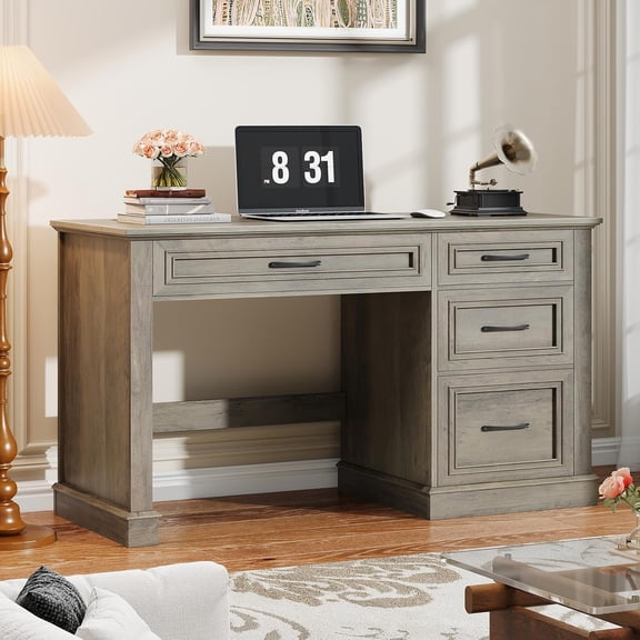 Farmhouse 47" Executive Desk, Computer Desk with Drawers and File Drawer, Workstation Computer Desk with Charging Station for Home Office, Study,Pure Black.