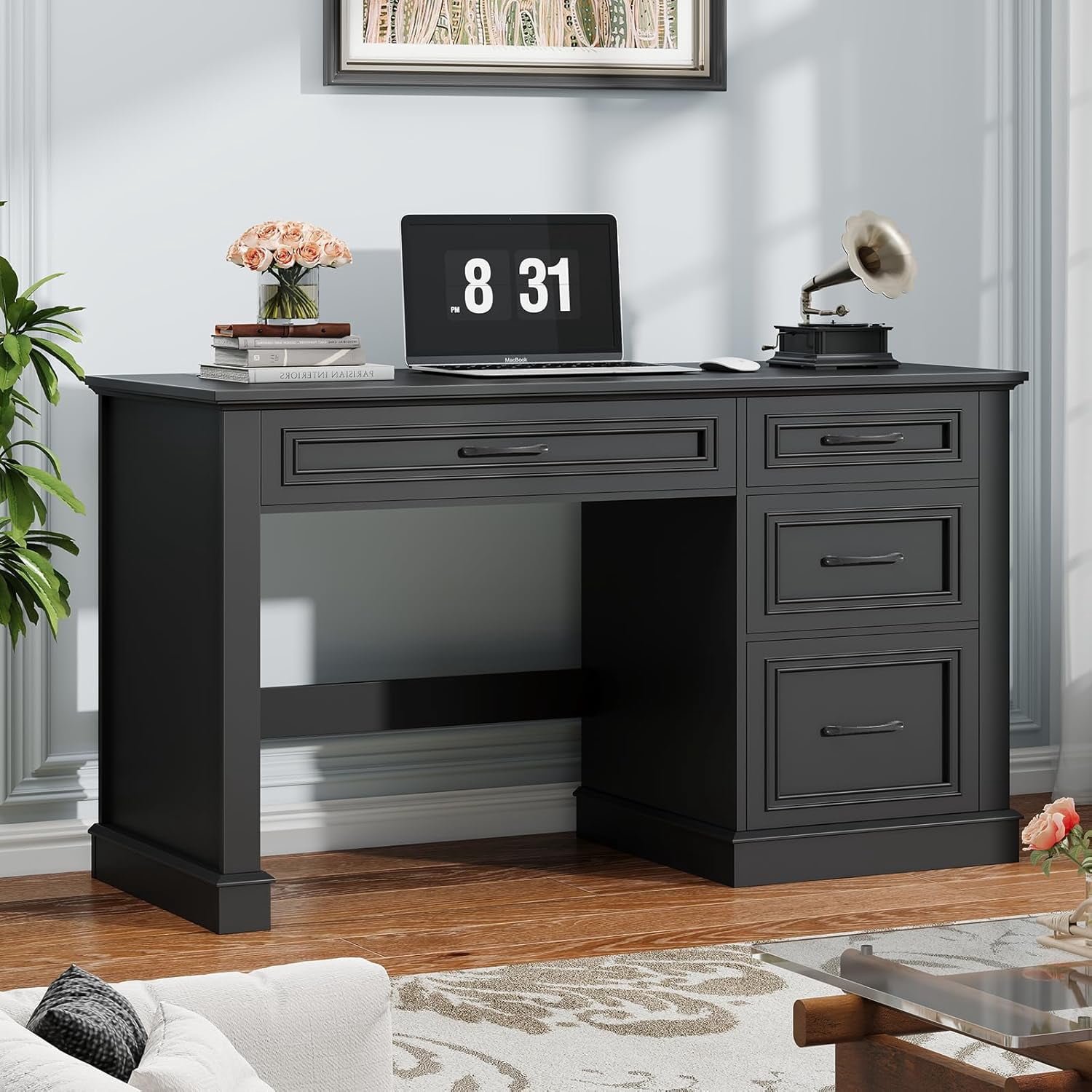 Farmhouse 47" Executive Desk, Computer Desk with Drawers and File Drawer, Workstation Computer Desk with Charging Station for Home Office, Study,Pure Black.