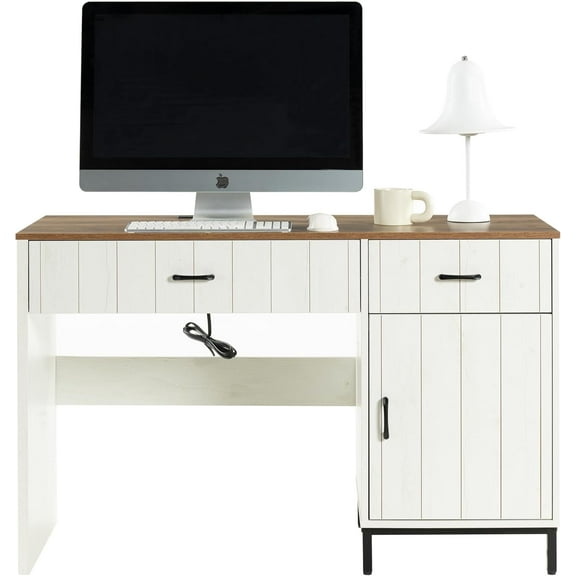 Farmhouse 47" Executive Desk, Home Office Desk with File Drawer and Power Outlet, Computer Desk with 2 Drawers and 1 Storage Cabinet, Workstation for Office Home (White)