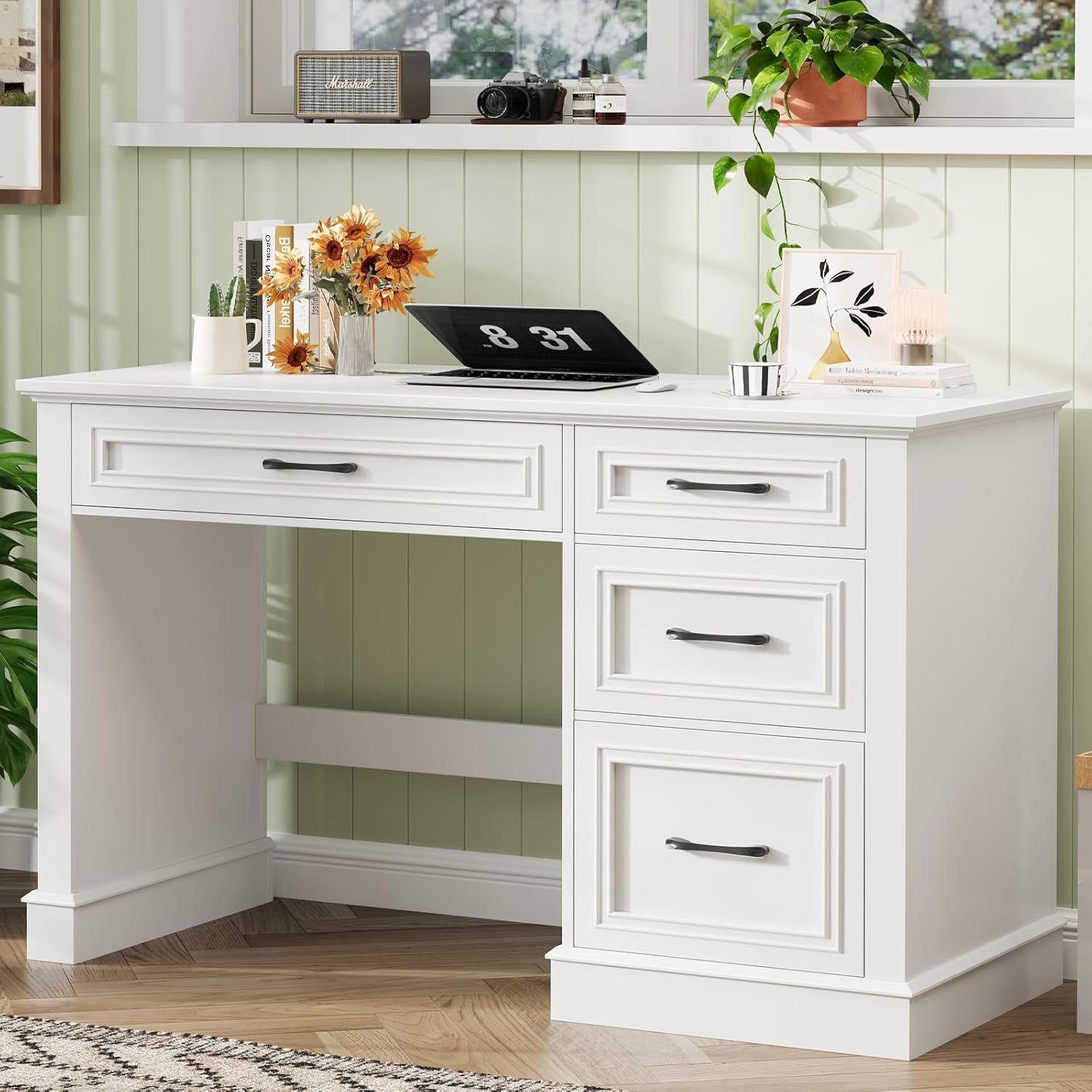 Farmhouse 47" Executive Desk with File Drawer, Computer Desk with 4 Drawers, Workstation for Study, Home Office, Writing, Cream White.
