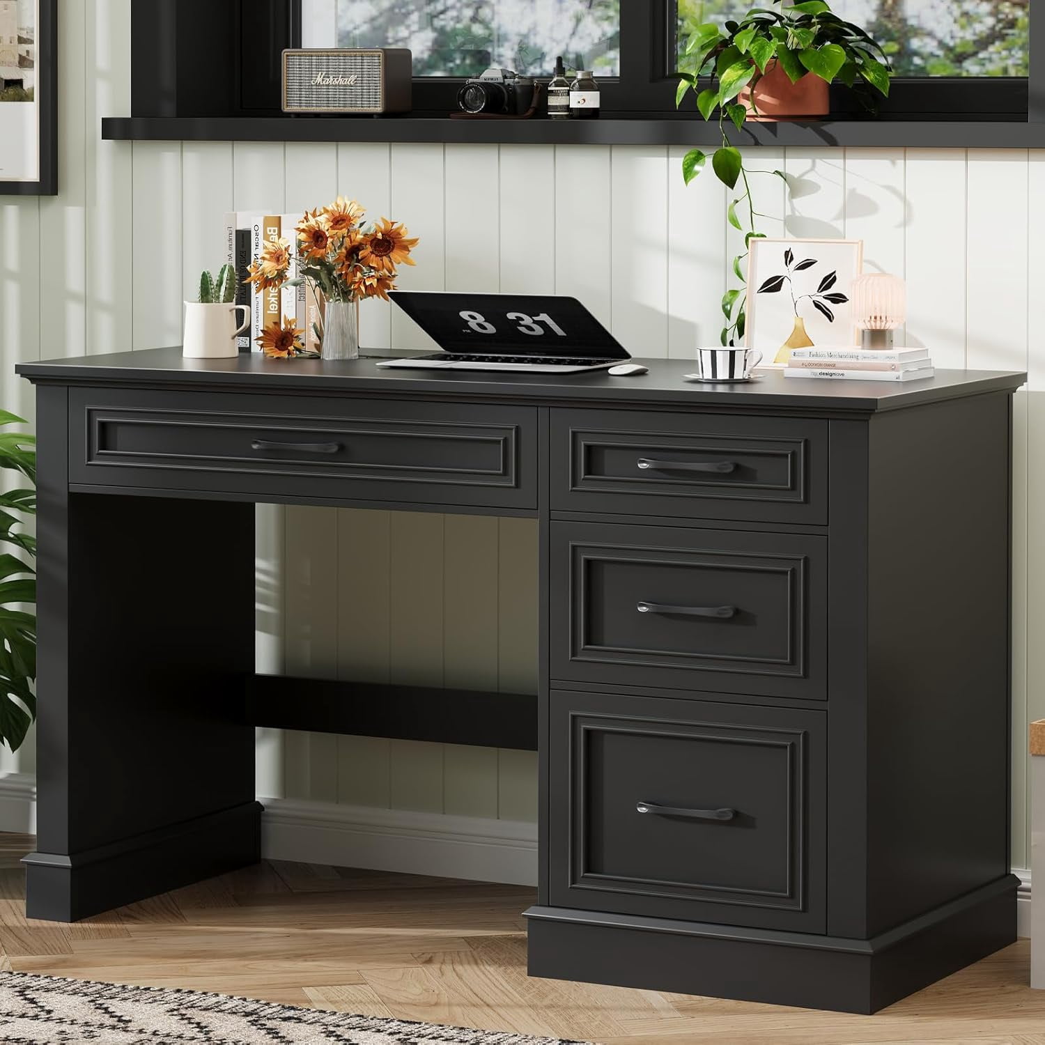 Farmhouse 47" Executive Desk with File Drawer, Computer Desk with 4 Drawers, Workstation for Study, Home Office, Writing, Pure Black.