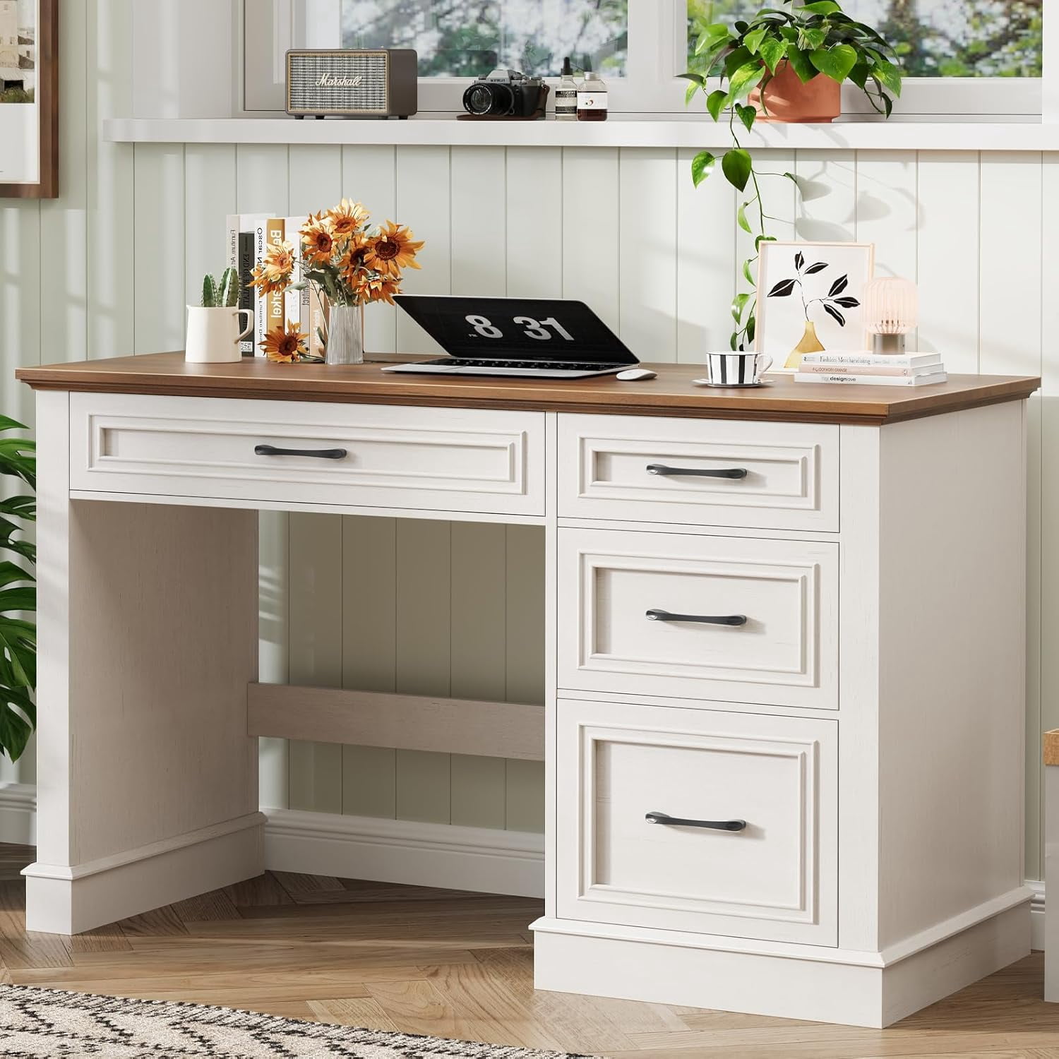 Farmhouse 47" Executive Desk with File Drawer, Computer Desk with 4 Drawers, Workstation for Study, Home Office, Writing, Unique White.