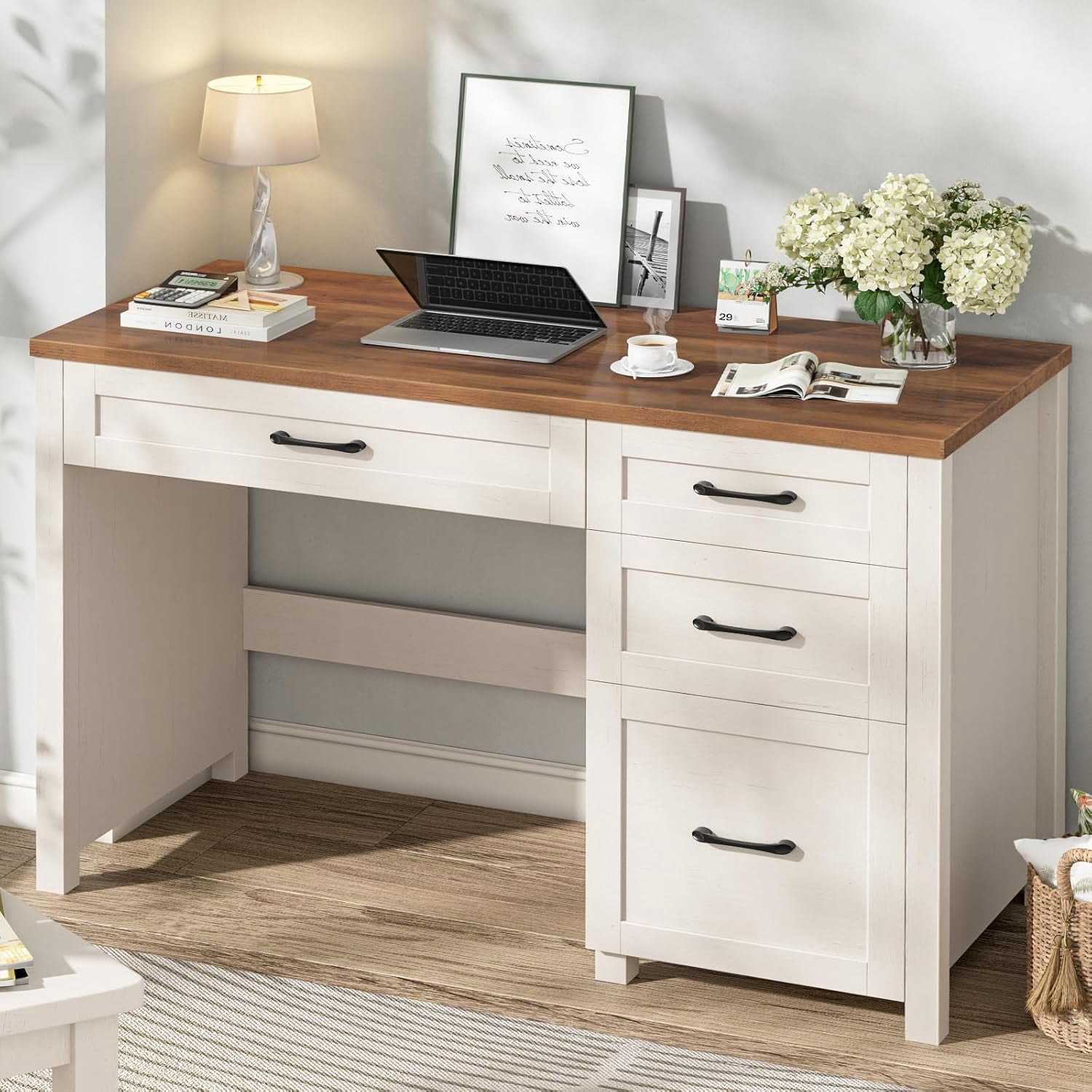 Farmhouse 47" Executive Desk with File Drawer, Wood Computer Desk with 3 Storage Drawers, Workstation for Home Office, Study, Writing(Unique White)
