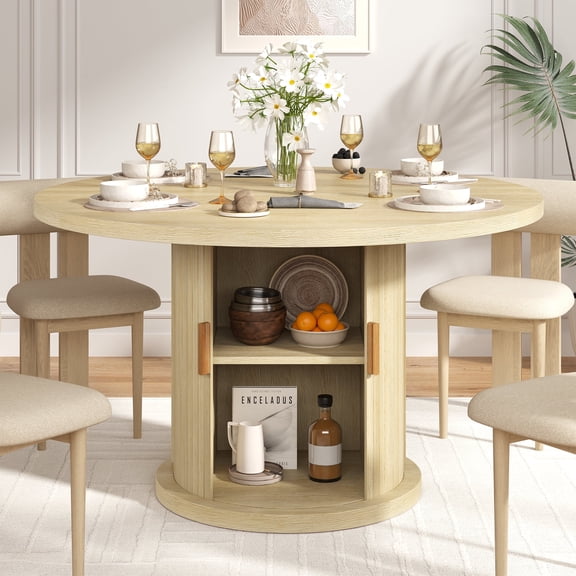 Farmhouse 47" Fluted Round Dining Table with Storage, Wood Grain, Natural