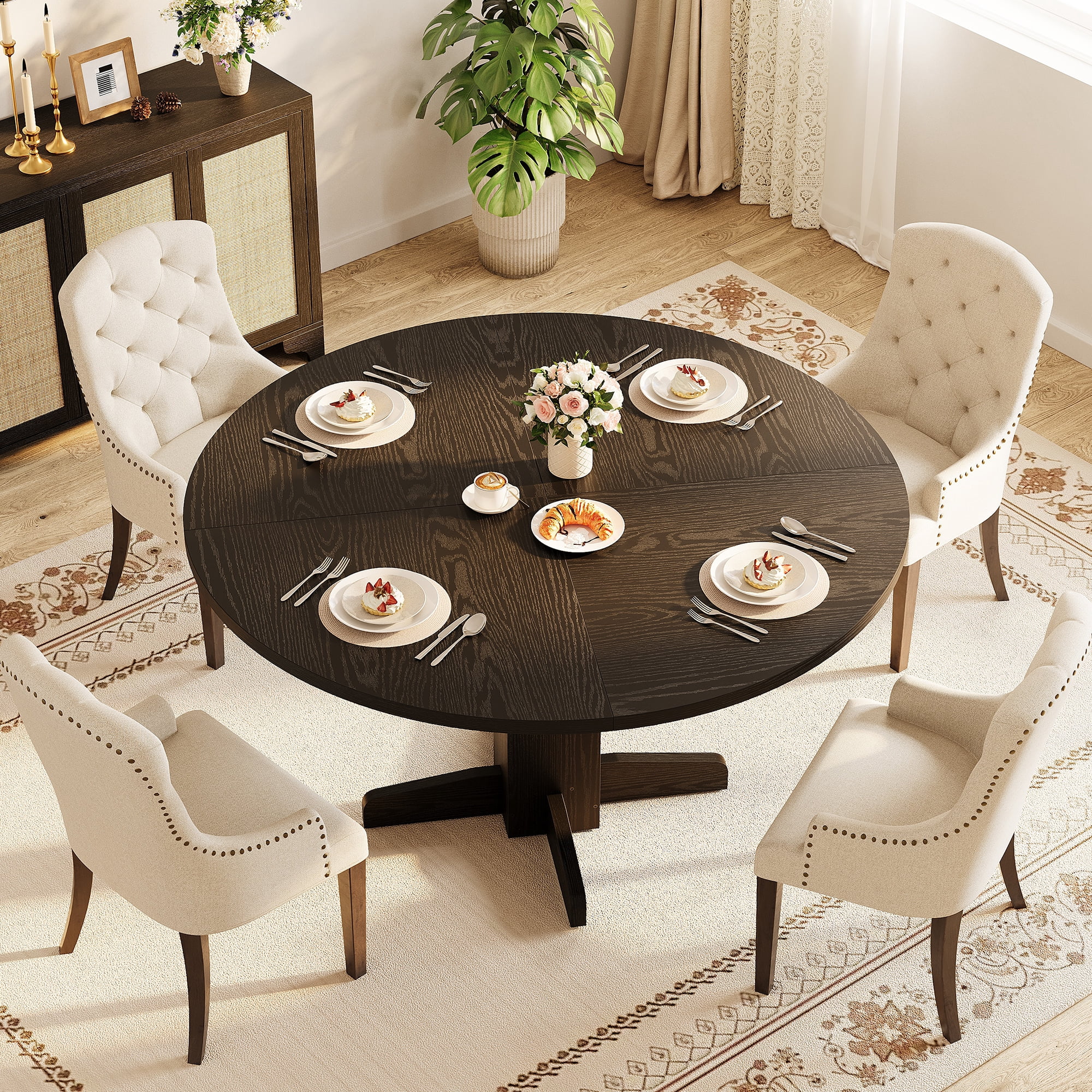 Farmhouse 47-Inch Round Dining Table, Sturdy Wood Pedestal Base Table ...