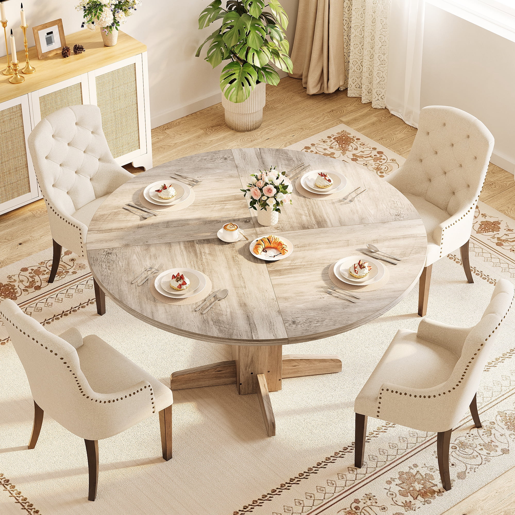 Round Table Base Only Farmhouse 47-Inch Round Dining Table, Sturdy Wood Pedestal Base Table ...