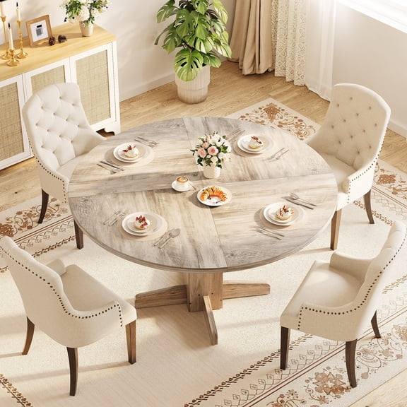 Farmhouse 47-Inch Round Dining Table, Sturdy Wood Pedestal Base Table Seats 4-6 for Kitchen, Dining Room & Apartment (Table Only)