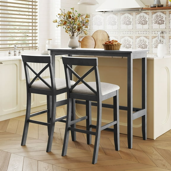 Farmhouse 48"Rectangular Wood Bar Height Dining Set Kitchen Breakfast Nook with 2 Chairs for Small Places,Gray+Beige