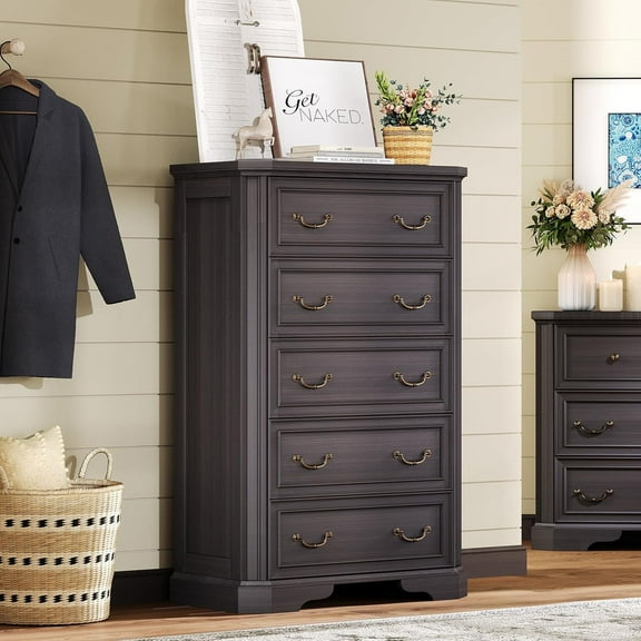 Farmhouse 48" Tall 5 Drawers Dresser for Bedroom, Wood Rustic Chest of Drawers, Closet Storage Dressers Organizer, Living Room, Hallway, Dark Brown