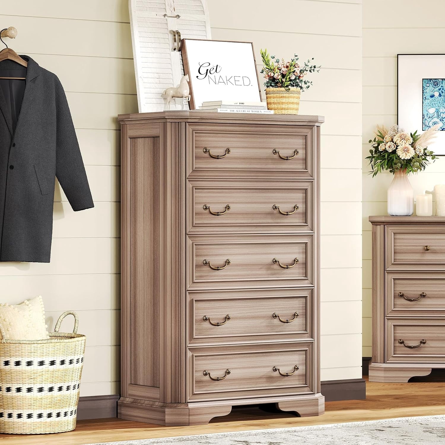 VanAcc Farmhouse 48" Tall 5 Drawers Dresser for Bedroom, Wood Rustic Chest with Corner Bevel Shape for Bedroom, Living Room, Hallway, Grey Walnut