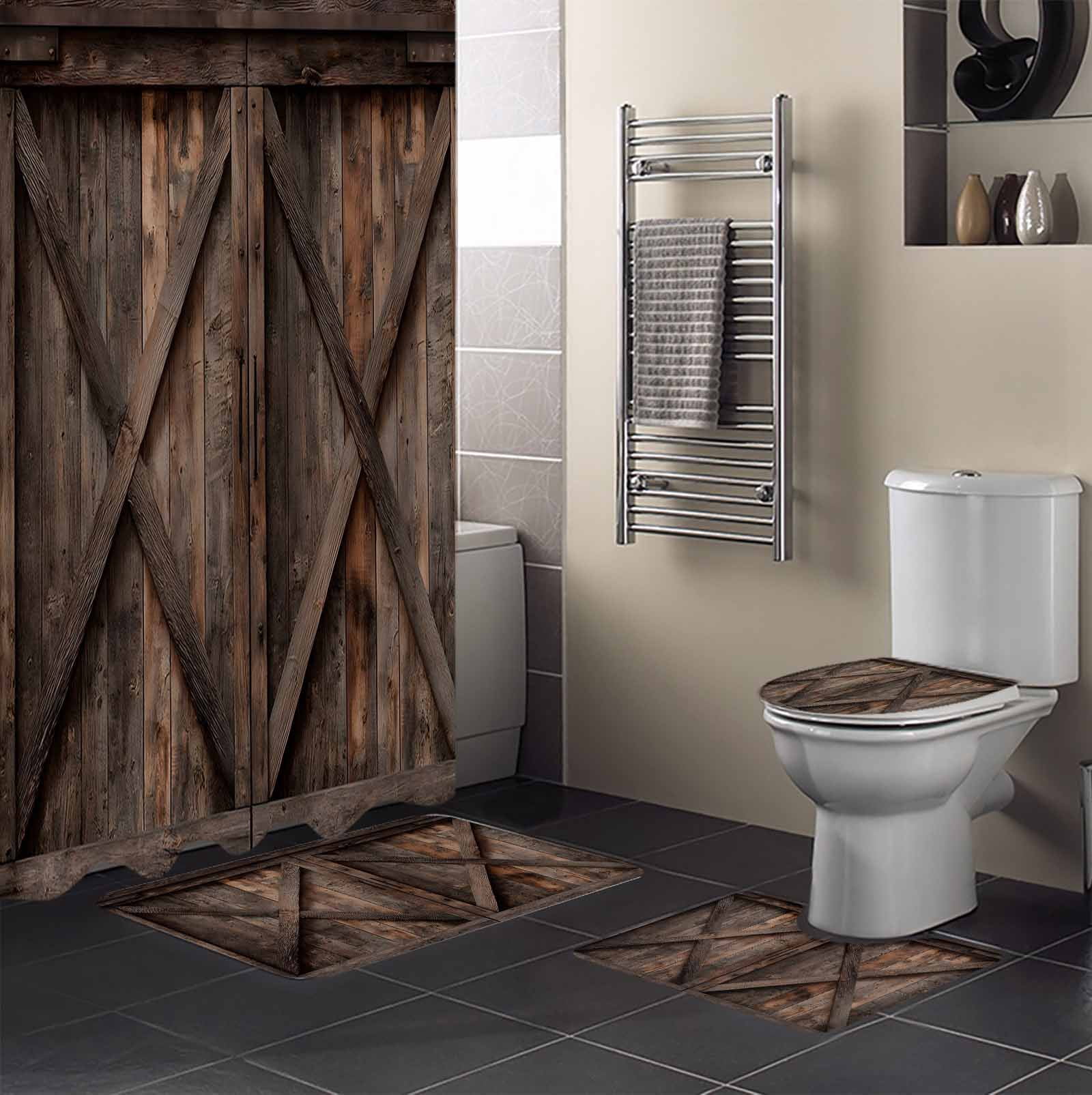 Farmhouse 4PCS Shower Curtains Set with Toilet Lid Cover Non-Slip Rugs, Brown Country Style Barn Door Distressed Wood Grain Waterproof Shower Curtain Set for Bathroom with 9 Hooks 36x72 In