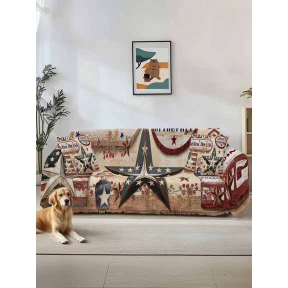 Farmhouse 4th of July Couch Cover, American Country Star Rustic Sofa Cover Blanket for Loveseat Couches,Sectional Sofa Slipcover Furniture Protector for Living Room Bedroom 71''x118''