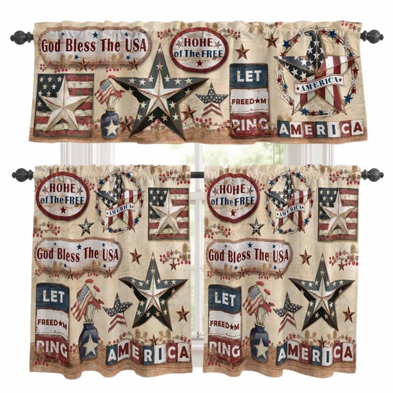 Farmhouse 4th of July Kitchen Curtains Sets for Windows 36 Inch Length, American Country Star Rustic Rod Pocket Window Treatments Tier Curtains and Valances Set for Bedroom/Bathroom