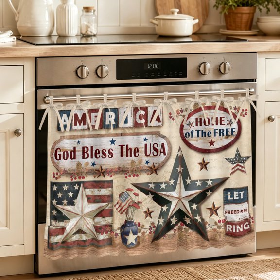 Farmhouse 4th of July Oven Curtain with Tie Top,Oven Skirt Curtain for Kitchen,American Country Star Rustic Under OvenCover Panel for Dust & Grease Protection,Apartment RV Cabinet Curtains 27''x20''