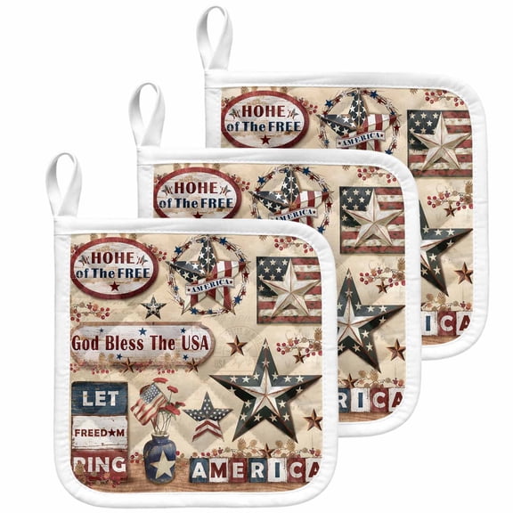 Farmhouse 4th of July Pot Holders for Kitchen Heatproof Potholder, 3 Pack American Country Star Rustic Hot Pads Multipurpose Oven Pads Cloth Potholders Trivet for Cooking Baking