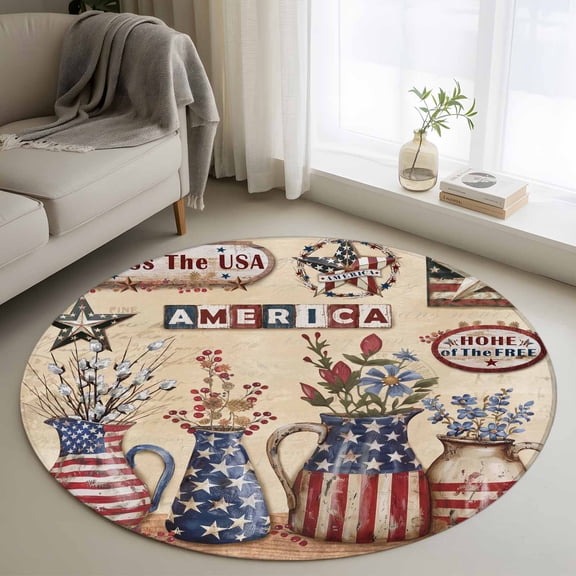 Farmhouse 4th of July Round Area Rug 3.3 FT, Non Slip Small Entryway Kitchen Mat, American Country Star Botanical Washable Soft Circular Rug Non-Shedding Door Mat for Bathroom Playroom Kids Room