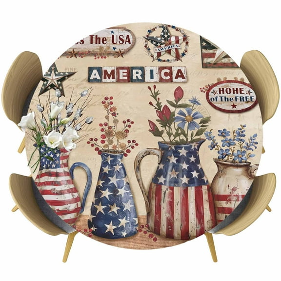 Farmhouse 4th of July Table Cloth, Round Fitted Tablecloths with Elastic Edge, American Country Star Botanical Wipeable Waterproof Table Cover for Kitchen Wedding 36-44 Inches