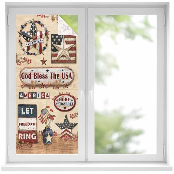 Farmhouse 4th of July Window Privacy Film, American Country Star Rustic Static Cling UV Sun Blocking Heat Control Window Tint Day and Night, Non-Adhesive One Way Windows Privacy Cover 19.6''x39.3''