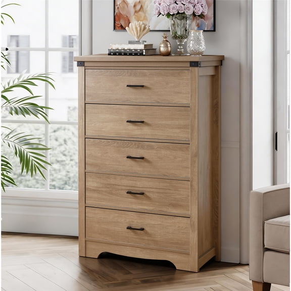 Farmhouse 5 Drawer Dresser for Bedroom, 31.4" Tall Dressers & Chest of Drawers, Rustic Wood Dresser with Metal Handle, Storage Organizer Closet for Living Room, Hallway, Entryway,Oak
