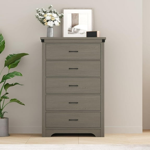 Farmhouse 5 Drawer Dresser for Bedroom, 47" Tall Chest of Drawers, Wood White Dresser with Deep Drawers, Storage Dressers Organizer for Bedroom, Living Room, Hallay, Grey