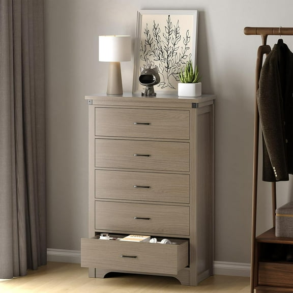 Farmhouse 5 Drawer Dresser for Bedroom, 47" Tall Chest of Drawers, Wood White Dresser with Deep Drawers, Storage Dressers Organizer for Bedroom, Living Room, Hallway, Light Rustic Oak