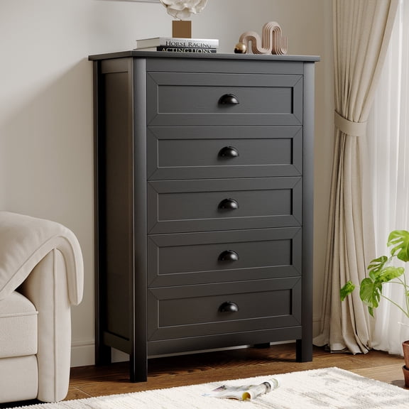 Farmhouse 5 Drawer Dresser for Bedroom, 47" Tall Dresser with Rustic Wood Top, Modern Chest of Drawers Organizer for Bedroom, Closet, Living Room, Entryway, Hallway,Antique Black
