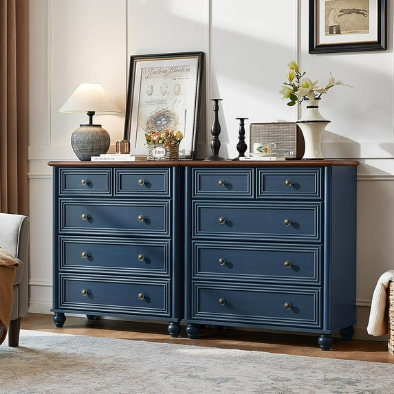 Farmhouse 5 Drawer Dresser for Bedroom Set of 2, 35.5" Tall Small Dressers & Chest of Drawers, Rustic Wood Dresser with Roman Column, Storage Organizer for Living Room, Hallway, Closet (Blue)