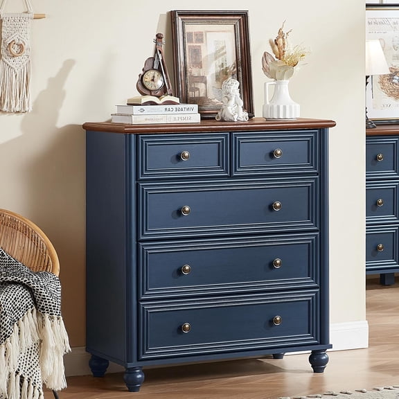 Farmhouse 5 Drawer Dresser, Blue Rustic Chest of Drawers, 35.5" Tall Small Dressers for Bedroom with Roman Column and Metal Handles,Wood Storage Organizer for Living Room, Hallway, Closet