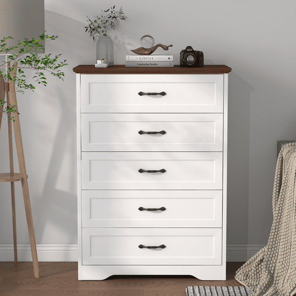 Farmhouse 5 Drawer Dresser, Tall Wood Dressers & Chests of Drawers 31.5" W x 15.7" D x 44" H, Large Storage Bedroom Dresser with Vintage Black Handle for Closet, Hallway - White and Brown