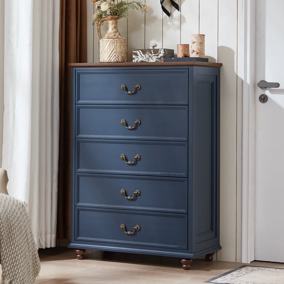 Farmhouse 5 Drawer Dresser for Bedroom, 45" Tall Chest of Drawers, Wood Blue Dresser w/ Deep Drawers, Storage Dressers Organizer for Bedroom, Hallway