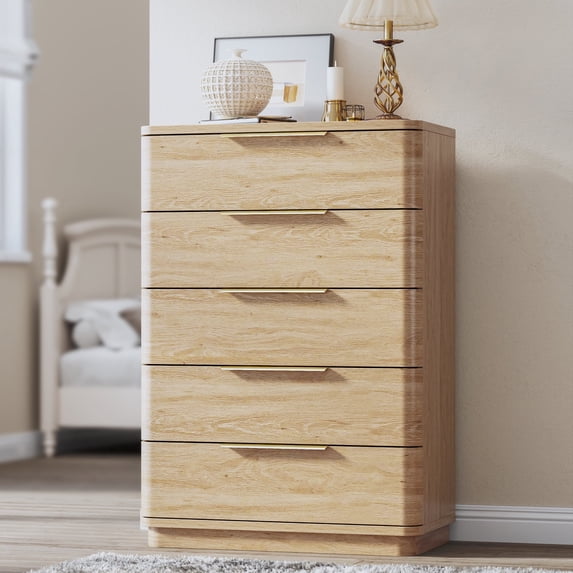 Farmhouse 5 Drawer Dresser for Bedroom, Oak