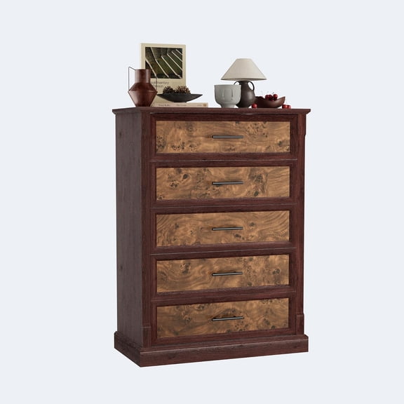 Farmhouse 5 Drawer Dresser for Bedroom, Tall Chest of Drawers with Metal Handles, Rustic Wooden Dresser TV Stand, for Living Room, Hallway, Brown