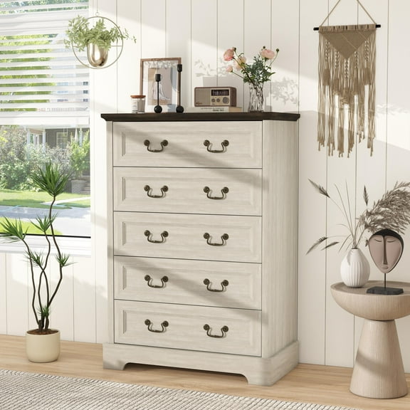 Farmhouse Tall 5-Drawer Dresser, 45" High for Bedroom, Living Room & Hallway, Gray