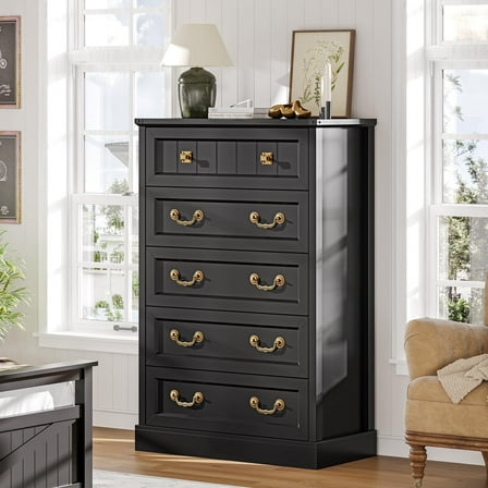 Farmhouse 5 Drawers Dresser for Bedroom, 48.6'' Tall Wooden Chest of Drawer Black