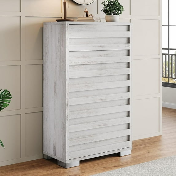 VANACC Farmhouse 5 Drawers Dresser, Wood Rustic Chest for Bedroom, Tall Dressers Organizer for Living Room, Hallway, Entryway, Distressed White
