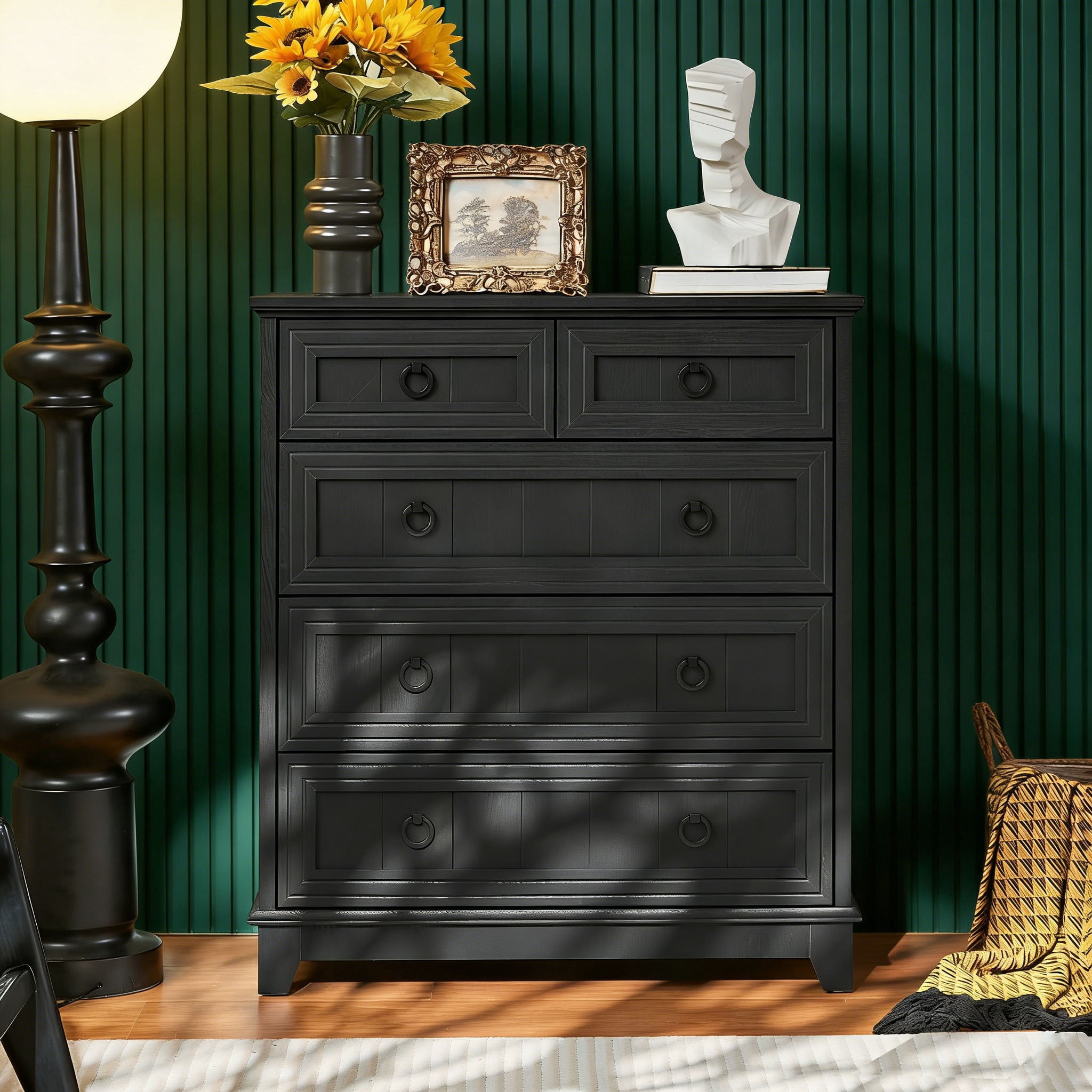 Farmhouse 5 Drawers Dresser for Bedroom with Smooth Metal Rails, Vertical Wood Dresser with Deep Drawers, Chest of Drawers for Bedroom, Black