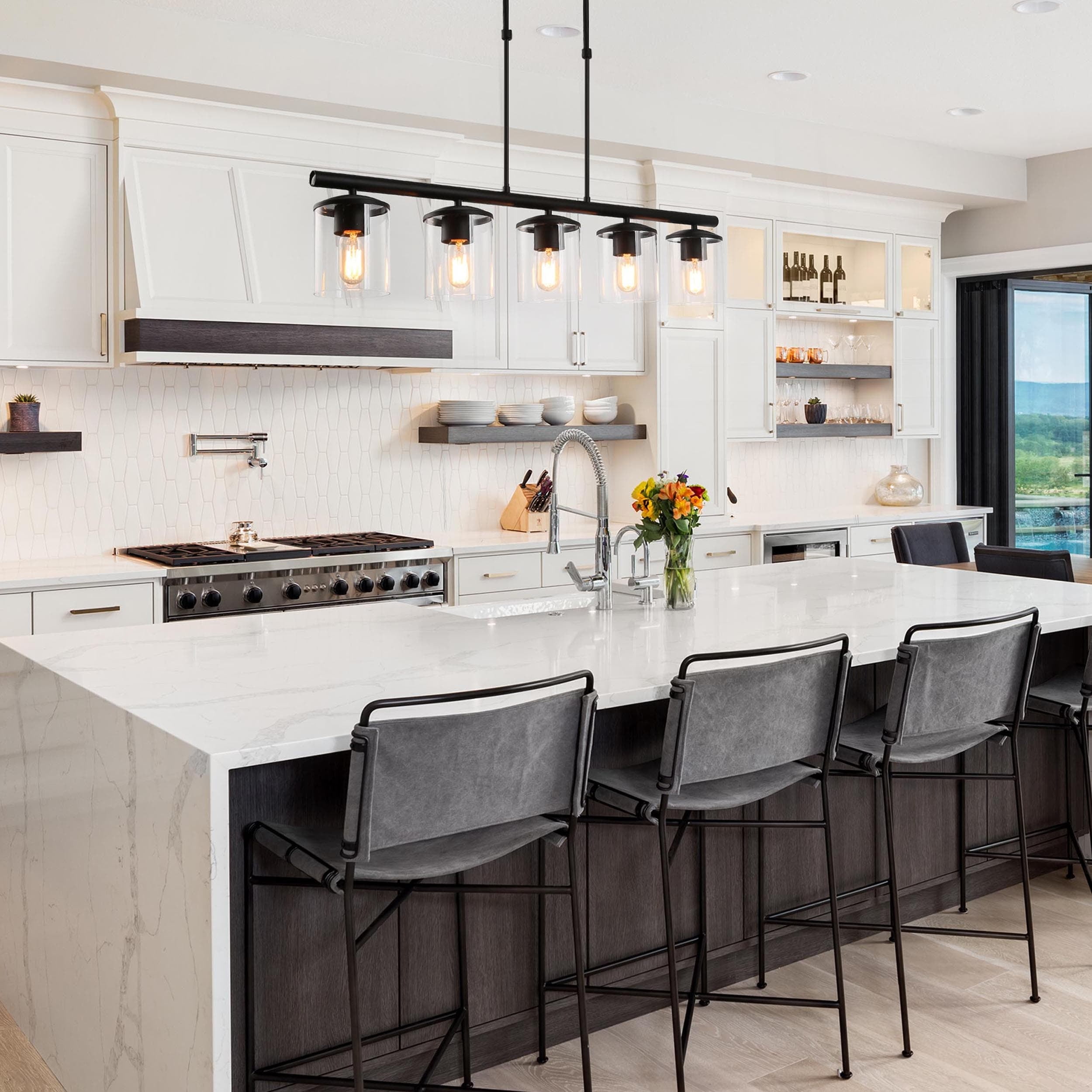 Black Glass 5-Light Farmhouse Kitchen Island Chandelier