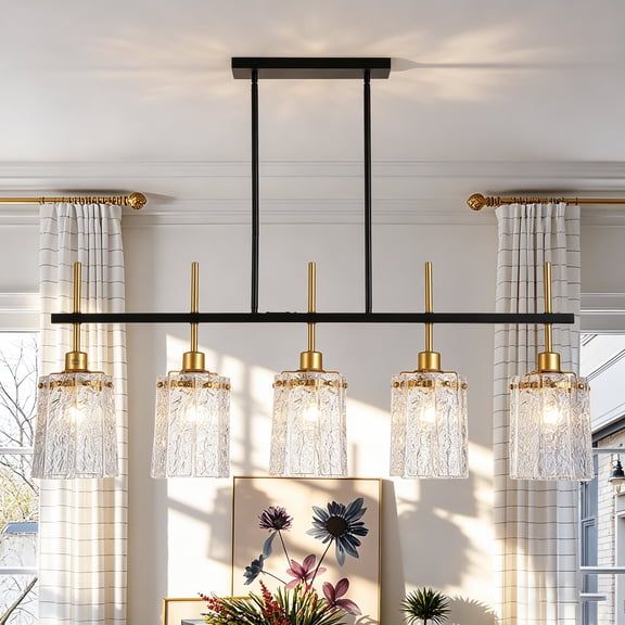 Farmhouse 5-Light Chandelier with Water-Ripple Glass Shades Black & Gold Adjustable Pendant Light for Dining Room, Kitchen Island