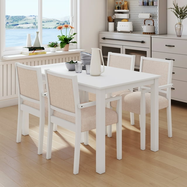 Farmhouse 5 Piece Dining Set Kitchen Table Set with 4 Arm Upholstered Dining Chairs, Table Set with Table and Cushioned Chairs for 4 Persons Dining Room Table Set for Small Place