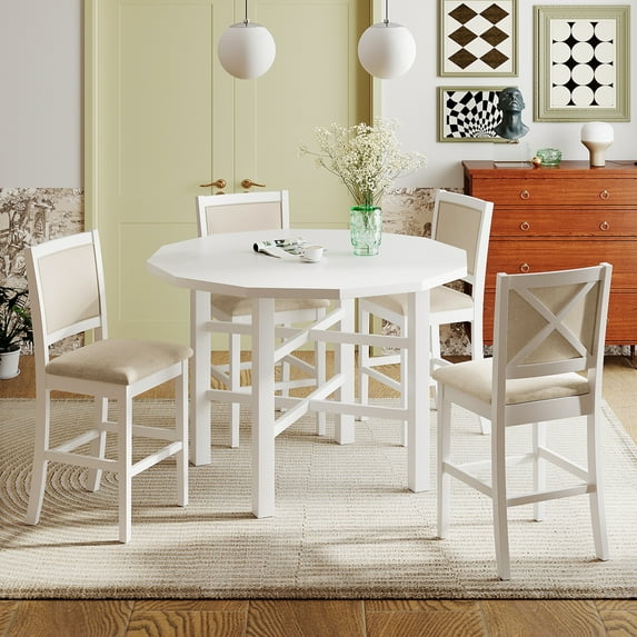 Farmhouse 5 Piece Dining Set Kitchen Table Set Counter Height Table Set with Irregular Table and Cushioned Chairs for 4 Persons Dining Room Table Set for Small Place